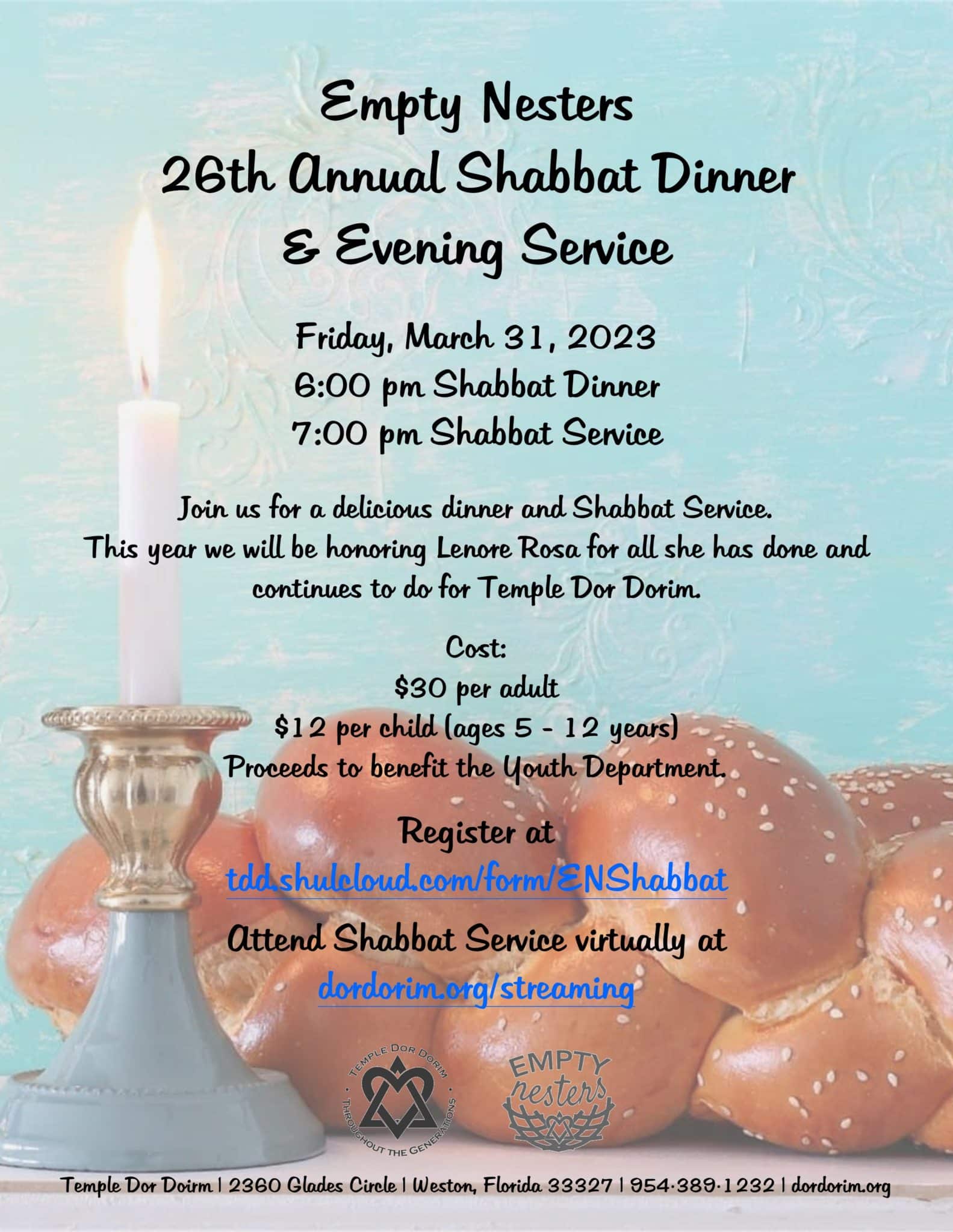 Empty Nesters Shabbat Dinner & Service 3 31 2023