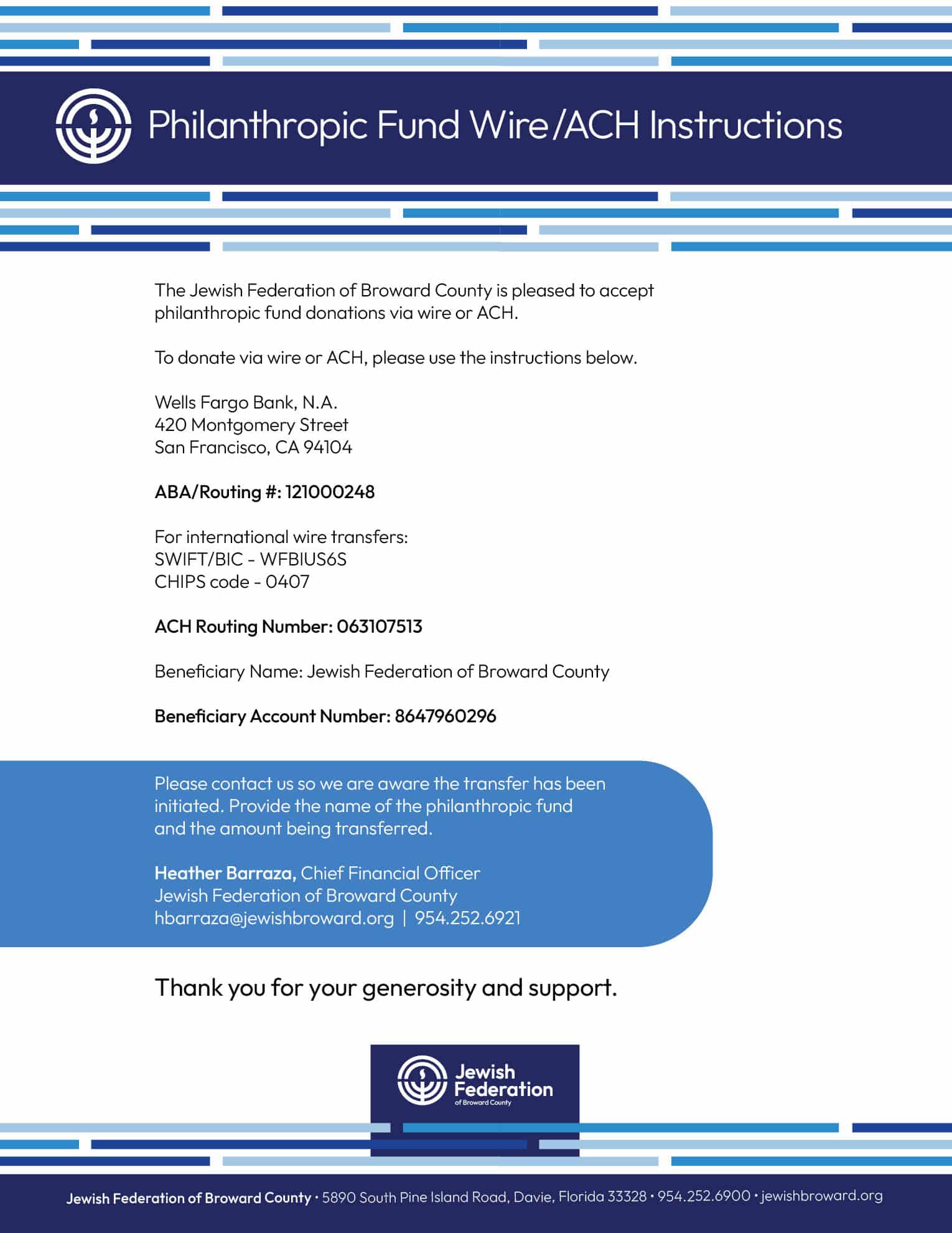 24 08 CFO Philanthropic Fund Wire ACH Instructions Version 1 V7 Jewish Federation of Broward